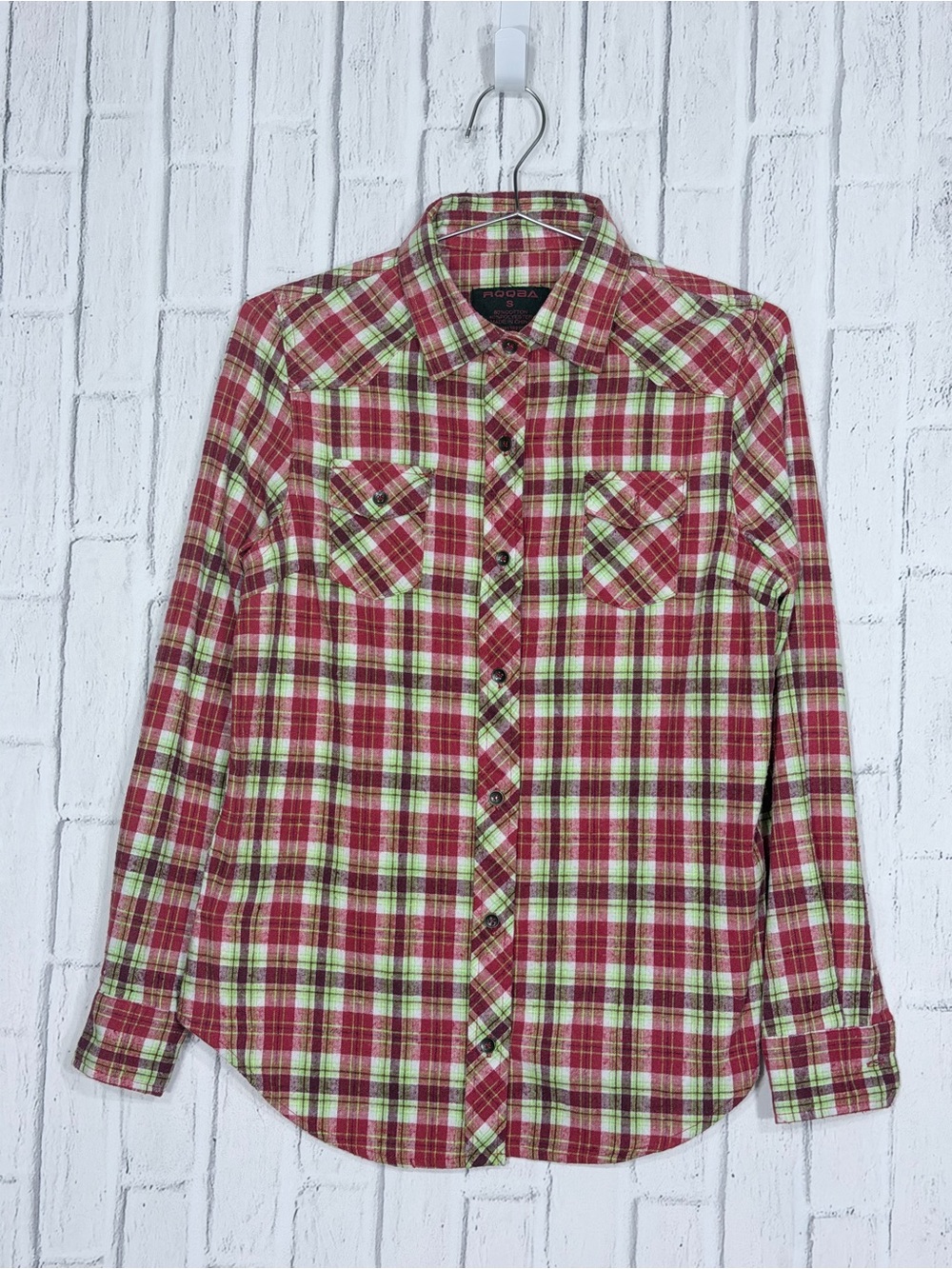 🍒 RQQBA Red Green Plaid Western Pearl Snap Shirt Small Cotton Blend